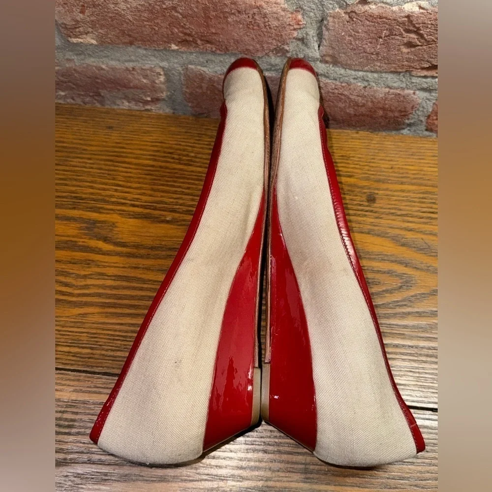 Cole Haan Women's Mary Jane Shoe Red Patent Tan Beige Linen Low Wedge Size 11B - Picture 5 of 10